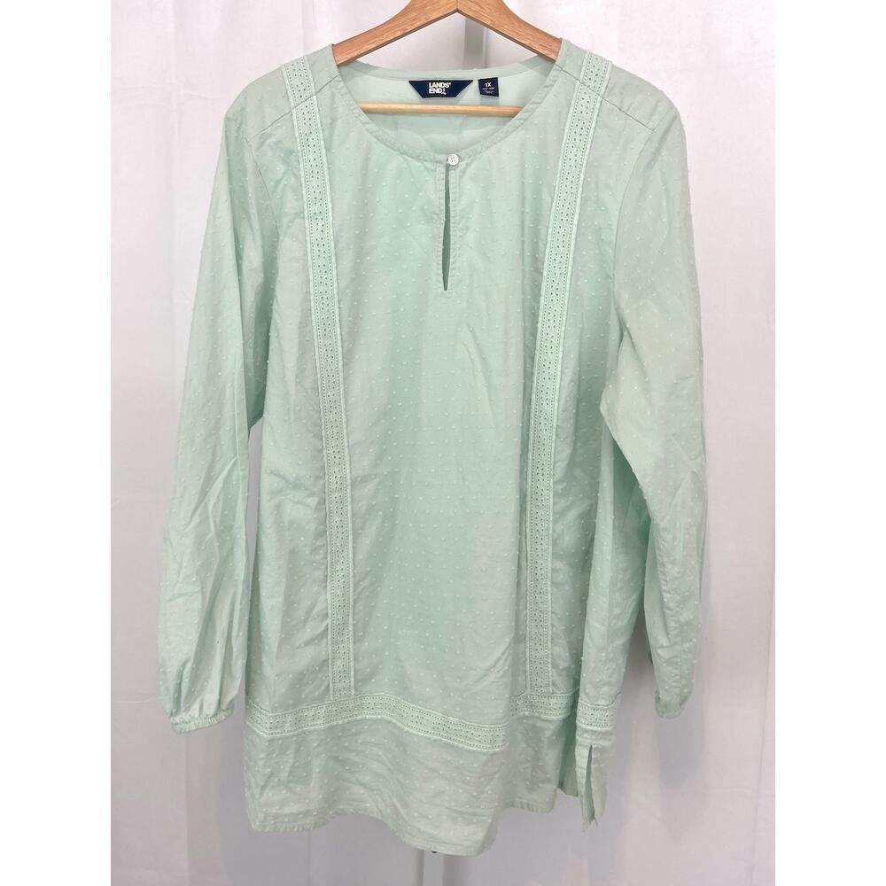LANDS' END Swiss Dot Keyhole Tunic Top Long Sleeve Woven Cotton Green 1X Plus